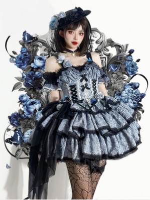 Black & blue embossed jacquard classic lolita dress JSK (UN260)